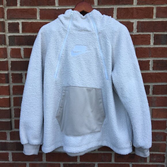 Nike NSW Sherpa Pullover Hoodie Large Ivory 1/2 Double Zip Kangaroo Pouch - Picture 1 of 14